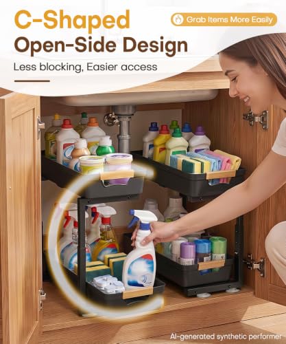 Homde Sliding Under Sink Organizer: 2 Pack 2-Tier Cabinet Shelf with Upper & Lower Pull-Out Baskets - C-Shaped 3 Adjustable Heights for Kitchen Bathroom - My Kitchen Products