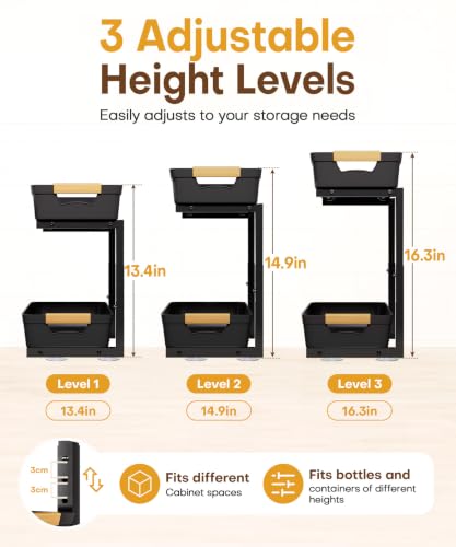 Homde Sliding Under Sink Organizer: 2 Pack 2-Tier Cabinet Shelf with Upper & Lower Pull-Out Baskets - C-Shaped 3 Adjustable Heights for Kitchen Bathroom - My Kitchen Products