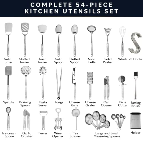 Home Hero 54-Piece Stainless Steel Kitchen Utensils Set - Heat-Resistant Nonstick Silicone & Stainless Steel Cooking Utensils - Complete Tools with Slotted Spoon & Pasta Spoon - Pack of 54, Silver - My Kitchen Products