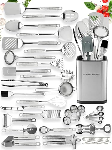 Home Hero 54-Piece Stainless Steel Kitchen Utensils Set - Heat-Resistant Nonstick Silicone & Stainless Steel Cooking Utensils - Complete Tools with Slotted Spoon & Pasta Spoon - Pack of 54, Silver - My Kitchen Products