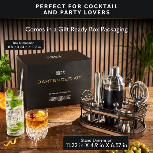 Home Hero Bartender Kit - 22-Piece Cocktail Shaker & Bar Tool Set - Wooden Stand Display & Bar Cart Accessories - Recipe Book & Housewarming Gifts - 22-Pc, Silver - My Kitchen Products