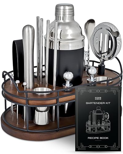 Home Hero Bartender Kit, 22-Piece Cocktail Shaker & Bar Tool Set, Wooden Stand Display & Bar Cart