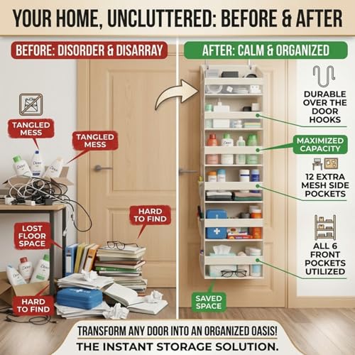 HOMELUX THEORY UPGRADED 6 Tiers Over The Door Organizer Hanging - 100D EXTRA THICK & 50lbs HUGE CAPACITY, 12 Side Mesh Pockets Over The Door Shoe Organizer, Hanging Closet Organizer (Ivory, 1pc) - My Kitchen Products