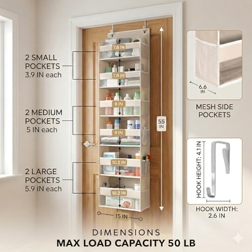 HOMELUX THEORY UPGRADED 6 Tiers Over The Door Organizer Hanging - 100D EXTRA THICK & 50lbs HUGE CAPACITY, 12 Side Mesh Pockets Over The Door Shoe Organizer, Hanging Closet Organizer (Ivory, 1pc) - My Kitchen Products