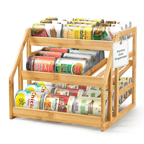 HOMESTEAD Bamboo Can Organizer for Pantry, 3 Tier Rack with Adjustable Dividers, Gravity Feed Canned Goods