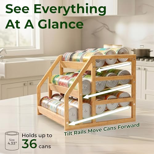 HOMESTEAD Bamboo Can Organizer for Pantry - 3 Tier Rack with Adjustable Dividers, Gravity Feed Canned Goods Organizer, 36 Cans Soda Storage - My Kitchen Products