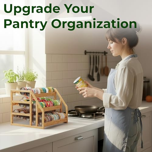HOMESTEAD Bamboo Can Organizer for Pantry - 3 Tier Rack with Adjustable Dividers, Gravity Feed Canned Goods Organizer, 36 Cans Soda Storage - My Kitchen Products