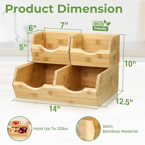 HOMESTEAD Bamboo Pantry Storage Bins – Stackable Potato & Onion Storage Bin for Kitchen Countertop, Pantry Organizer, Fruit Vegetable Basket, Multiuse - Set of 3 Slide-Out Access - My Kitchen Products