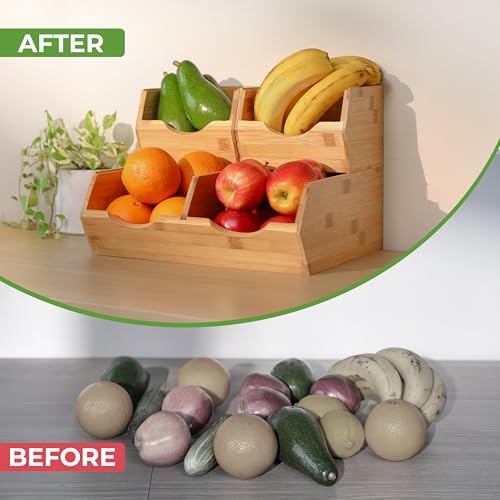 HOMESTEAD Bamboo Pantry Storage Bins – Stackable Potato & Onion Storage Bin for Kitchen Countertop, Pantry Organizer, Fruit Vegetable Basket, Multiuse - Set of 3 Slide-Out Access - My Kitchen Products