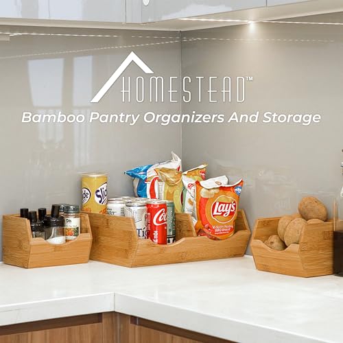 HOMESTEAD Bamboo Pantry Storage Bins – Stackable Potato & Onion Storage Bin for Kitchen Countertop, Pantry Organizer, Fruit Vegetable Basket, Multiuse - Set of 3 Slide-Out Access - My Kitchen Products