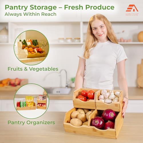 HOMESTEAD Bamboo Pantry Storage Bins – Stackable Potato & Onion Storage Bin for Kitchen Countertop, Pantry Organizer, Fruit Vegetable Basket, Multiuse - Set of 3 Slide-Out Access - My Kitchen Products