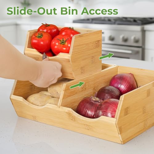 HOMESTEAD Bamboo Pantry Storage Bins – Stackable Potato & Onion Storage Bin for Kitchen Countertop, Pantry Organizer, Fruit Vegetable Basket, Multiuse - Set of 3 Slide-Out Access - My Kitchen Products
