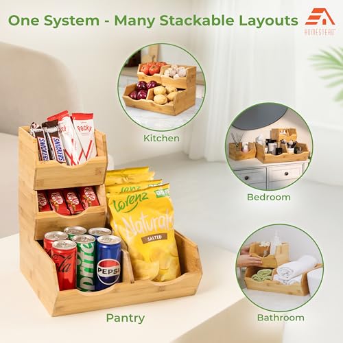 HOMESTEAD Bamboo Pantry Storage Bins – Stackable Potato & Onion Storage Bin for Kitchen Countertop, Pantry Organizer, Fruit Vegetable Basket, Multiuse - Set of 3 Slide-Out Access - My Kitchen Products