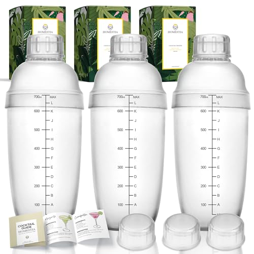 Homestia 3 Pack Plastic Cocktail Shaker Set, 24oz 700ml Drink Mixer with Built-in Strainer Extra Cap, Recipes