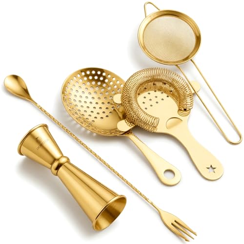 Homestia 5-Piece Gold Cocktail Strainer Set, Stainless Steel Hawthorne + Julep + Fine Mesh Strainers with Bar Spoon &