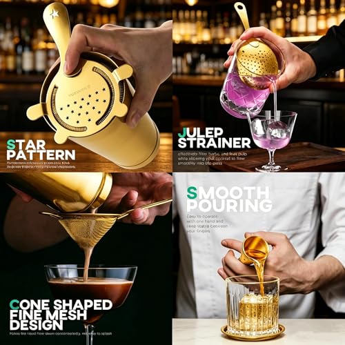Homestia 5-Piece Gold Cocktail Strainer Set, Stainless Steel Hawthorne + Julep + Fine Mesh Strainers with Bar Spoon & Jigger, Professional Bartending Tools Bar Mixing Kit - My Kitchen Products