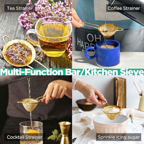 Homestia Fine Mesh Strainer for Kitchen, 304 Stainless Steel Sieve Sifters Cocktail Strainer for Food, Tea, Oil, Noodles, Coffee, Juice, Flour, Fruits, Vegetables - Easy to Clean Drink Strainer (Gold) - My Kitchen Products