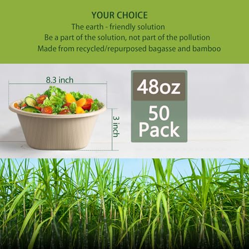 Homestockplus 48 Oz Disposable Bowls - Heavy Duty and Compostable Bowl - Made from Sugarcane and Bamboo Fibers, Microwave Safe - Large Paper Bowl for Soup, Salad, Ramen, Popcorn, etc. [50 Pack] - My Kitchen Products