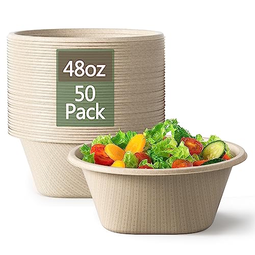 Homestockplus 48 Oz Disposable Bowls, Heavy Duty and Compostable Bowl, Made from Sugarcane and Bamboo Fibers, Microwave