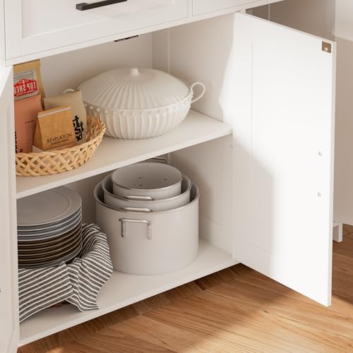 Homhedy Sideboard Buffet Cabinet, Coffee Bar Storage Cabinet with Drawers and Doors, Farmhouse Kitchen Cabinet with Adjustable Shelves, for Kitchen, Dining Room, Living Room, White - My Kitchen Products