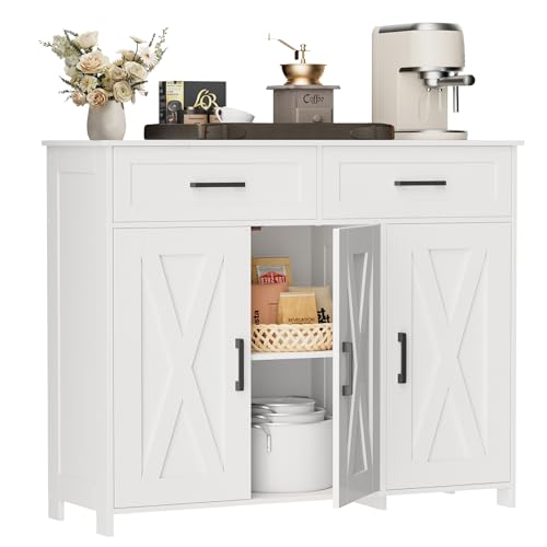 Homhedy Sideboard Buffet Cabinet, Coffee Bar Storage Cabinet with Drawers and Doors, Farmhouse Kitchen Cabinet with Adjustable Shelves, for Kitchen, Dining Room, Living Room, White - My Kitchen Products