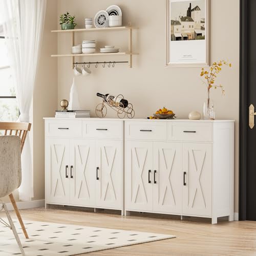 Homhedy Sideboard Buffet Cabinet, Coffee Bar Storage Cabinet with Drawers and Doors, Farmhouse Kitchen Cabinet with Adjustable Shelves, for Kitchen, Dining Room, Living Room, White - My Kitchen Products