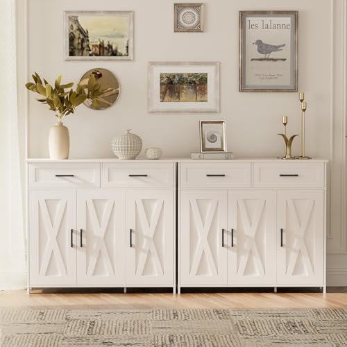 Homhedy Sideboard Buffet Cabinet, Coffee Bar Storage Cabinet with Drawers and Doors, Farmhouse Kitchen Cabinet with Adjustable Shelves, for Kitchen, Dining Room, Living Room, White - My Kitchen Products