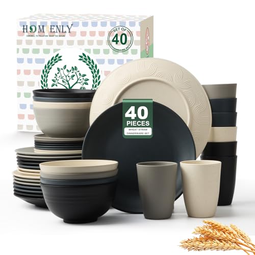 Homienly Kitchen Wheat Straw Dinnerware Set 40 PCS - Dinner Plates, Cereal Bowls, Wheat Straw Cups Set, Microwave and Dishwasher Safe Dishes Set, Unbreakable Dish Set for Party, Outdoor(Grey Stone) - My Kitchen Products