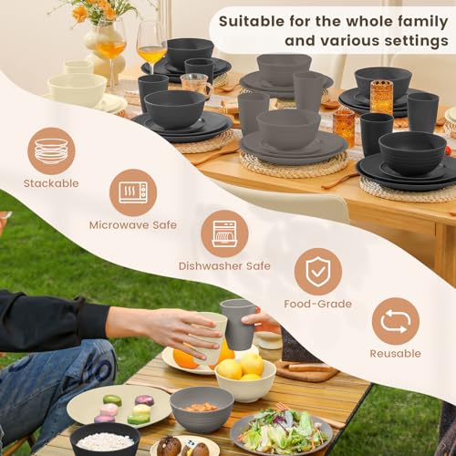 Homienly Kitchen Wheat Straw Dinnerware Set 40 PCS - Dinner Plates, Cereal Bowls, Wheat Straw Cups Set, Microwave and Dishwasher Safe Dishes Set, Unbreakable Dish Set for Party, Outdoor(Grey Stone) - My Kitchen Products