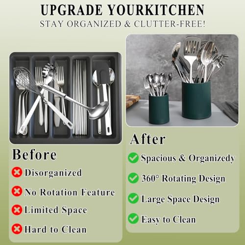 HOMQUEN 360° Rotating Utensil Holder, 6.3''+4.7'' Plastic Kitchen Utensil Holder for Countertop, Large Cooking Utensil Crocks for Kitchen Decor, Utensil Organizer for Spatula, Set of 2 (Green) - My Kitchen Products