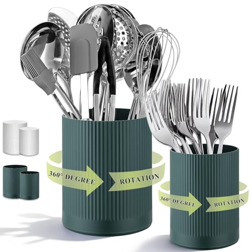 HOMQUEN 360° Rotating Utensil Holder, 6.3''+4.7'' Plastic Kitchen Utensil Holder for Countertop, Large Cooking Utensil