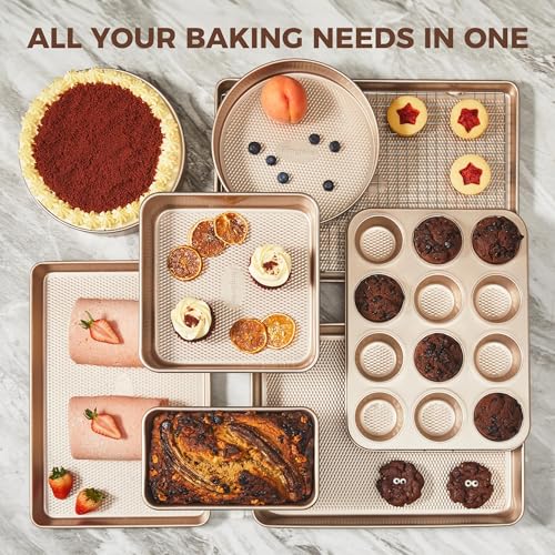 HONGBAKE 9-Piece Baking Pans Set Nonstick, Stackable Non Toxic Bakeware Sets with Diamond Texture, Oven Pan Set for Cooking, Includes Cookie Sheet with Rack, Cake Pan, Roasting Pan, Muffin Tin, Gold - My Kitchen Products