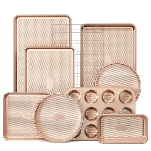 HONGBAKE 9-Piece Baking Pans Set Nonstick, Stackable Non Toxic Bakeware Sets with Diamond Texture, Oven Pan Set for Cooking, Includes Cookie Sheet with Rack, Cake Pan, Roasting Pan, Muffin Tin, Gold - My Kitchen Products