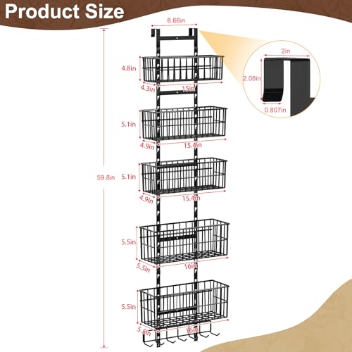 Hongtamoya Adjustable Over the Door Organizer, Metal Hanging Door Organizer with 5 Wire Basket 7 Hooks, Wall Mounted Shelf for Pantry Laundry Organization and Storage, Black - My Kitchen Products