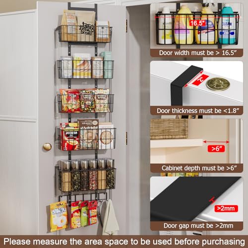 Hongtamoya Adjustable Over the Door Organizer, Metal Hanging Door Organizer with 5 Wire Basket 7 Hooks, Wall Mounted Shelf for Pantry Laundry Organization and Storage, Black - My Kitchen Products