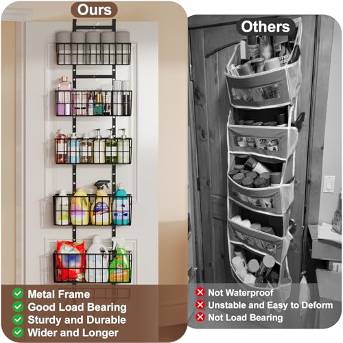 Hongtamoya Adjustable Over the Door Organizer, Metal Hanging Door Organizer with 5 Wire Basket 7 Hooks, Wall Mounted Shelf for Pantry Laundry Organization and Storage, Black - My Kitchen Products