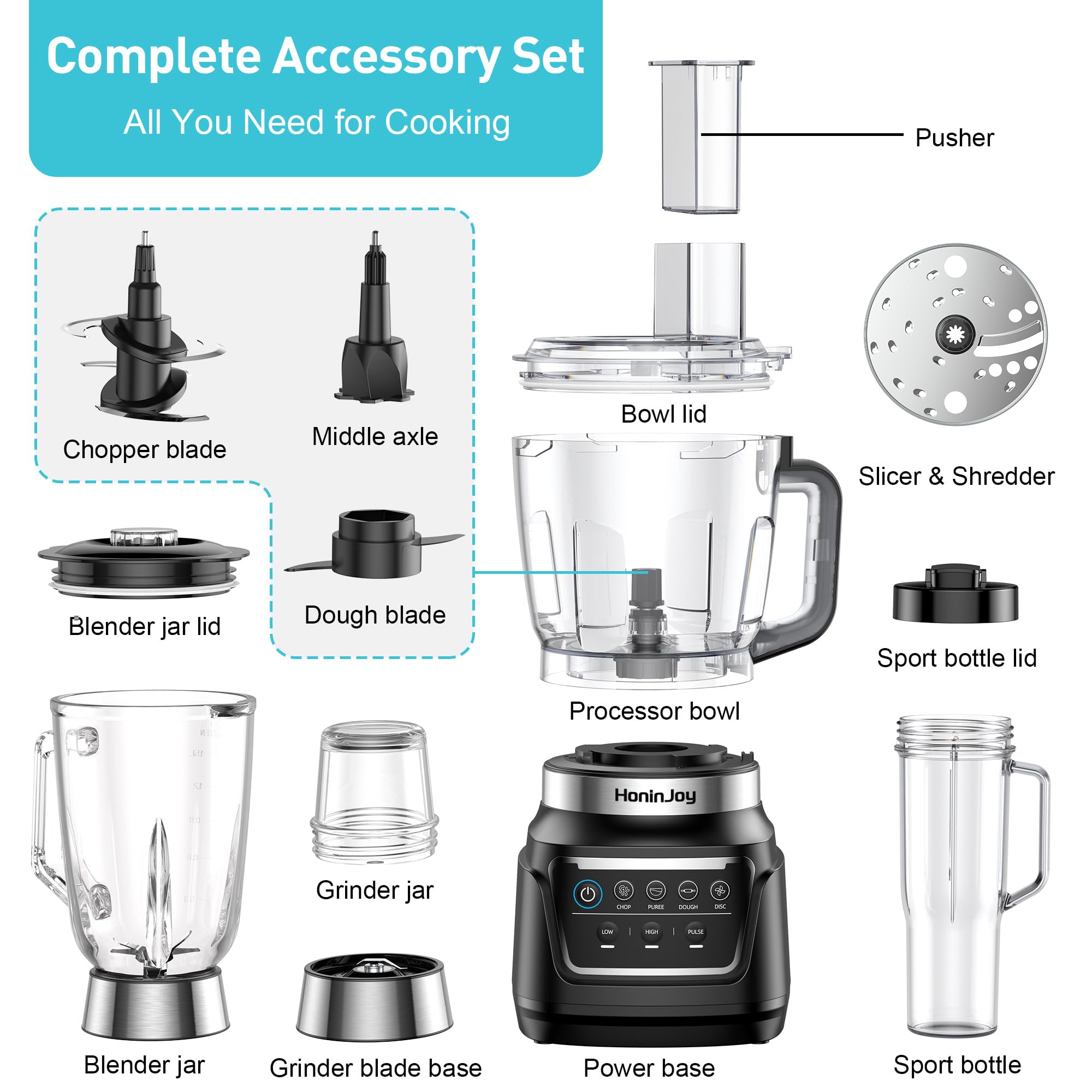 HoninJoy All-in-One Blender & Food Processor, 10-in-1 Professional Blender for Smoothies, Ice Crushing, Dough Making, Chopping, Grinding, Slicing & Shredding, Dishwasher Safe for Kitchen & Home Use - My Kitchen Products