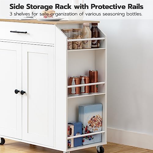 HOOBRO Kitchen Island with Power Outlet, Kitchen Storage Island with Spice Rack and Drawer, Rolling Kitchen on Wheels, for Home, Dining Room, Natural and White WN82UZD01G1 - My Kitchen Products
