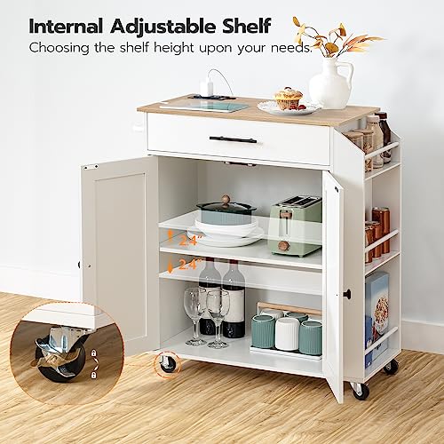 HOOBRO Kitchen Island with Power Outlet, Kitchen Storage Island with Spice Rack and Drawer, Rolling Kitchen on Wheels, for Home, Dining Room, Natural and White WN82UZD01G1 - My Kitchen Products