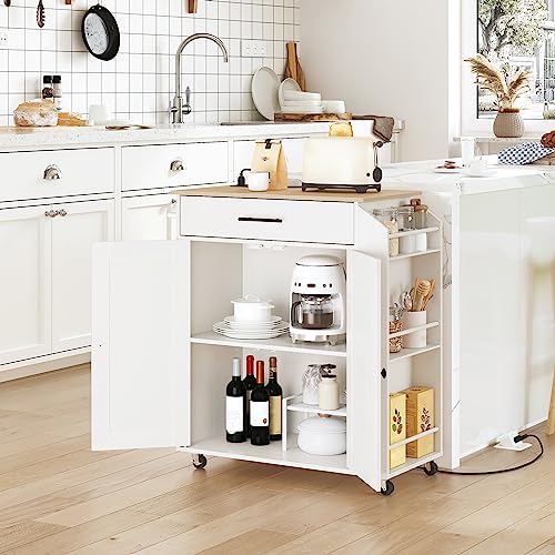 HOOBRO Kitchen Island with Power Outlet, Kitchen Storage Island with Spice Rack and Drawer, Rolling Kitchen on Wheels, for Home, Dining Room, Natural and White WN82UZD01G1 - My Kitchen Products