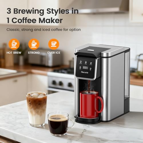 Horavie Single Serve Coffee Maker for K-Cup Pod and Grounds, Hot & Iced Coffee Maker, Strong Button Feature, 6 to 14oz Brew Sizes, 50oz Removable Reservoir, Fit 6.5" Mugs, Stainless Steel, Black - My Kitchen Products