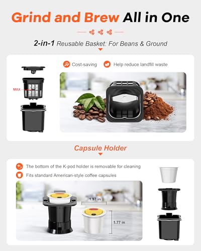 Horavie Single Serve Coffee Maker with Built-in Grinder, Fast Brew 6-16oz Single Cup for Whole Beans, Grounds, K Pod, Grind and Brew Coffee Maker with 47oz Water Tank, Descaling Alert, Black - My Kitchen Products