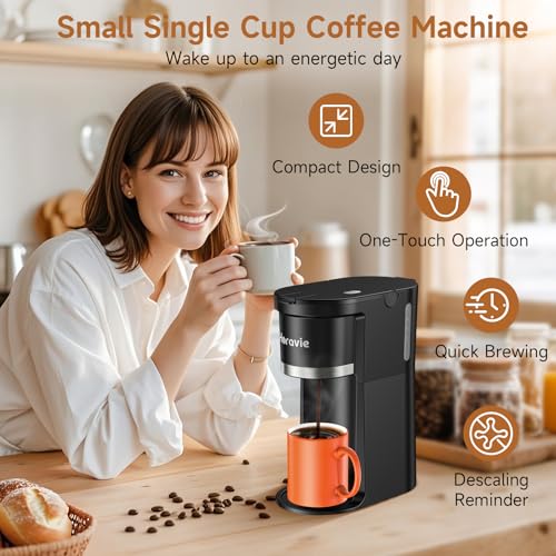 Horavie Small Single Serve Coffee Maker, Fast Brew One Cup Coffee Machine for K Cup and Grounds, 6 to 12 oz. Brew Sizes, Pod Coffee Maker with Descaling Reminder and Viewing Tank, Black - My Kitchen Products