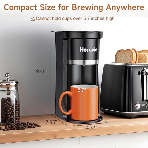 Horavie Small Single Serve Coffee Maker, Fast Brew One Cup Coffee Machine for K Cup and Grounds, 6 to 12 oz. Brew Sizes, Pod Coffee Maker with Descaling Reminder and Viewing Tank, Black - My Kitchen Products