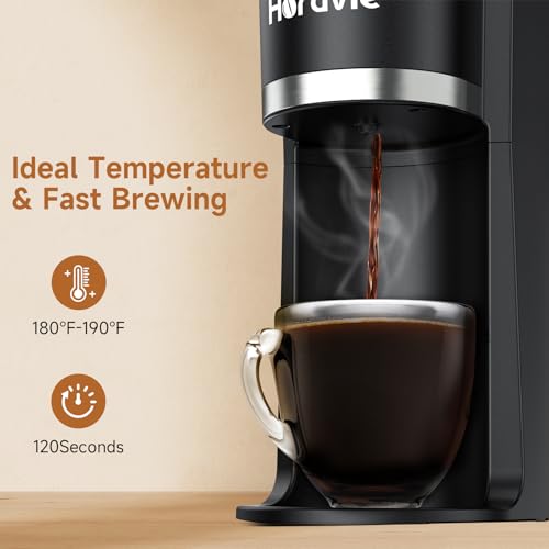 Horavie Small Single Serve Coffee Maker, Fast Brew One Cup Coffee Machine for K Cup and Grounds, 6 to 12 oz. Brew Sizes, Pod Coffee Maker with Descaling Reminder and Viewing Tank, Black - My Kitchen Products