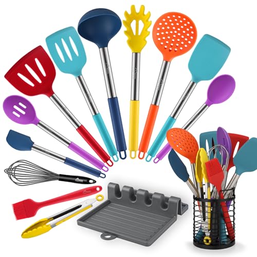 HOTEC 446°F Heat Resistant Silicone Kitchen Utensils, Cooking Utensil Set, Spatula Set, BPA Free, Kitchen Gadgets, Utensils Holder, Dishwasher Safe, 14pcs Multicolor - My Kitchen Products