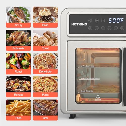 HotKing Dual-Zone Air Fryer Toaster Oven Combo, 28 QT Extra Large, Non Toxic Stainless Steel Convection Oven with French Door, Countertop Airfryer with Window, Racks, Rotisserie, Dehydrator, ETL Rated - My Kitchen Products