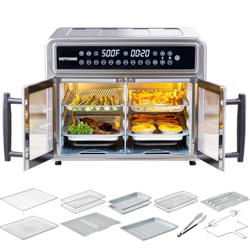 HotKing Dual-Zone Air Fryer Toaster Oven Combo, 28 QT Extra Large, Non Toxic Stainless Steel Convection Oven with French Door, Countertop Airfryer with Window, Racks, Rotisserie, Dehydrator, ETL Rated - My Kitchen Products