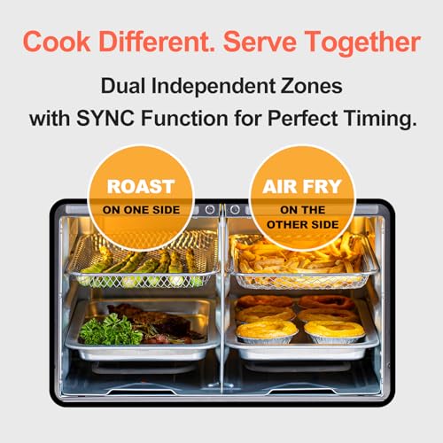 HotKing Dual-Zone Air Fryer Toaster Oven Combo, 28 QT Extra Large, Non Toxic Stainless Steel Convection Oven with French Door, Countertop Airfryer with Window, Racks, Rotisserie, Dehydrator, ETL Rated - My Kitchen Products