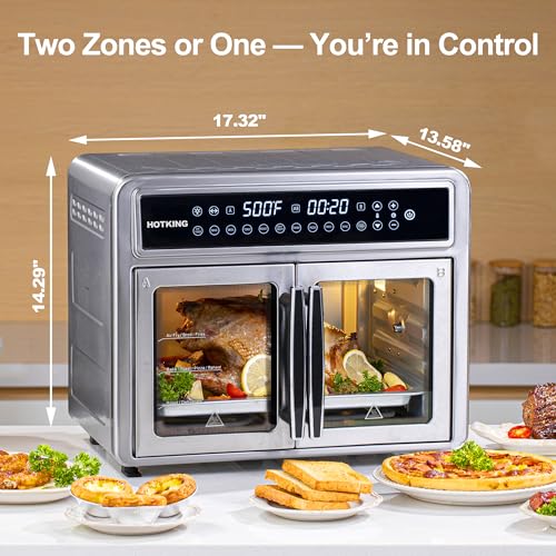 HotKing Dual-Zone Air Fryer Toaster Oven Combo, 28 QT Extra Large, Non Toxic Stainless Steel Convection Oven with French Door, Countertop Airfryer with Window, Racks, Rotisserie, Dehydrator, ETL Rated - My Kitchen Products